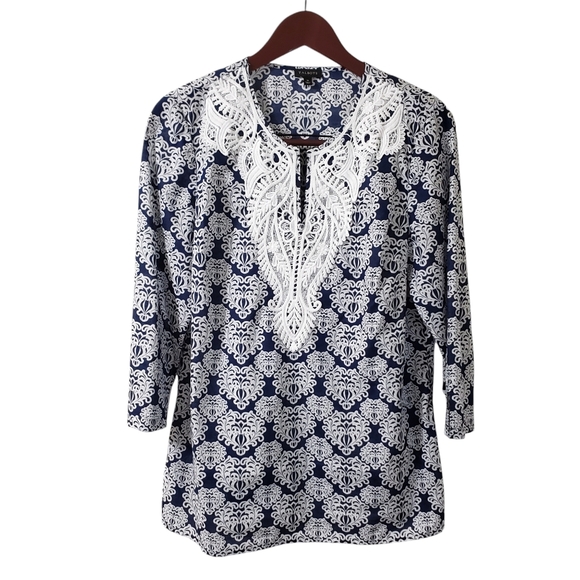 Talbots Tops - Talbots Blue Medallion Print Lace Bib Lightweight Cotton Tunic Top Sz Medium